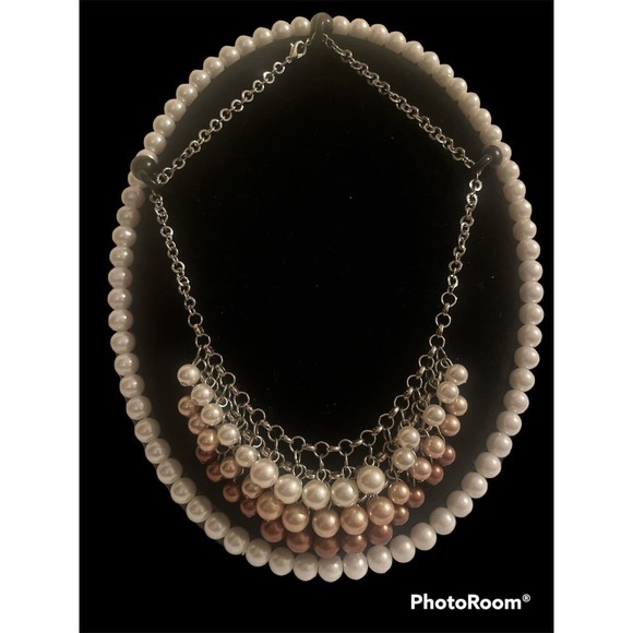 Vintage Three Strand Faux Pearl Bib Silver Necklace - Picture 1 of 3